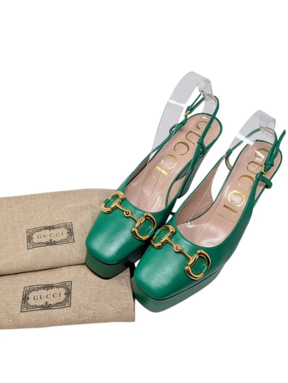 NEW Gucci Green Horsebit Platform Slingback Chunky Block Heel Pumps Size EU 39.5